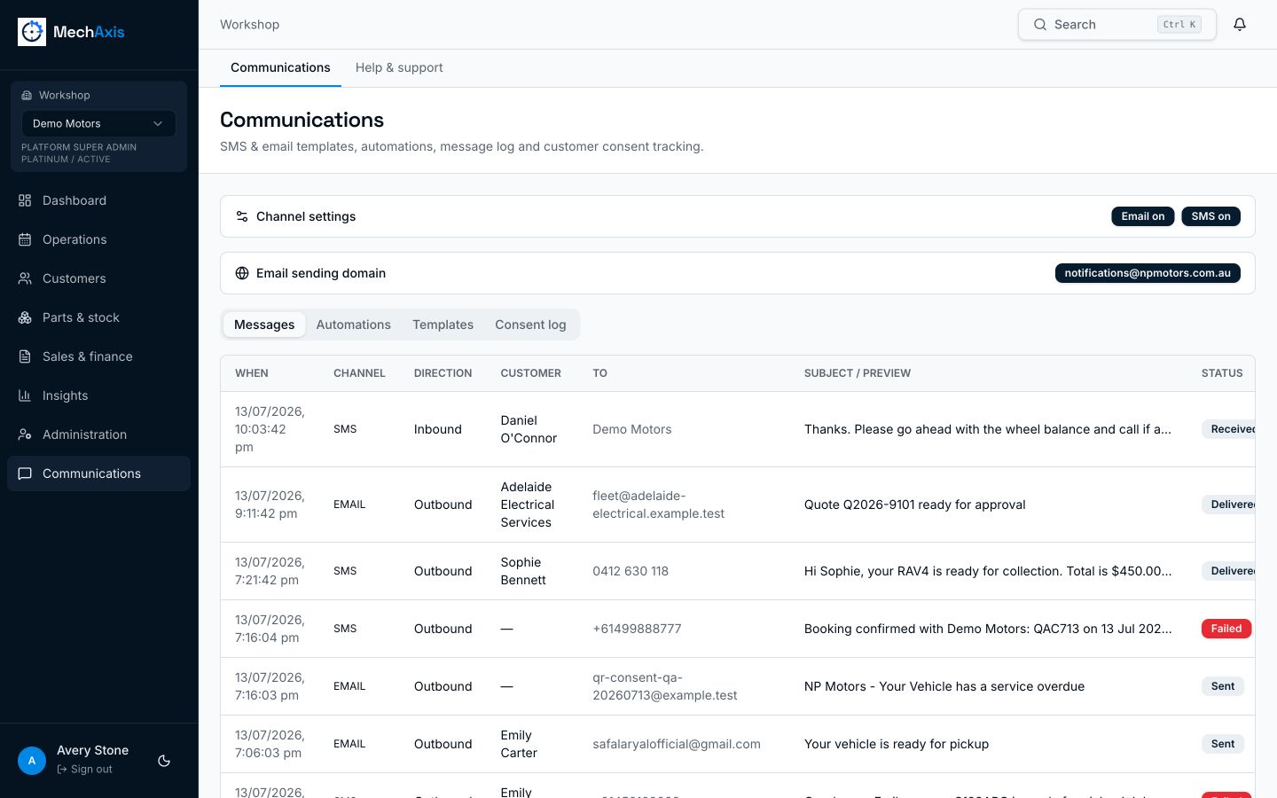 MechAxis communications log with inbound and outbound SMS and email delivery status
