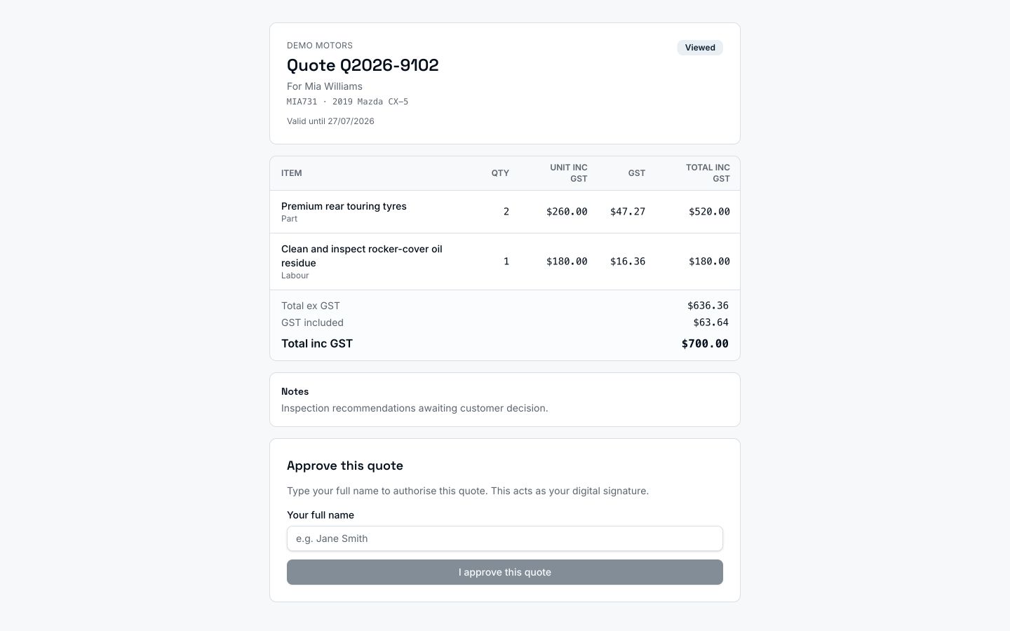 MechAxis customer quote portal with Australian GST totals and digital approval