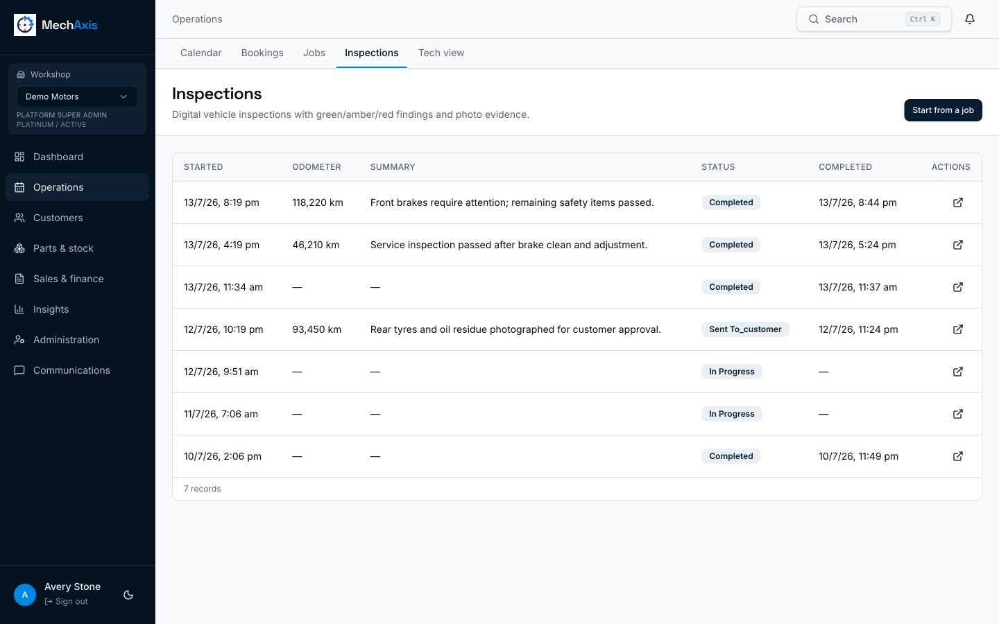 MechAxis digital vehicle inspections with odometer readings, findings and workflow status