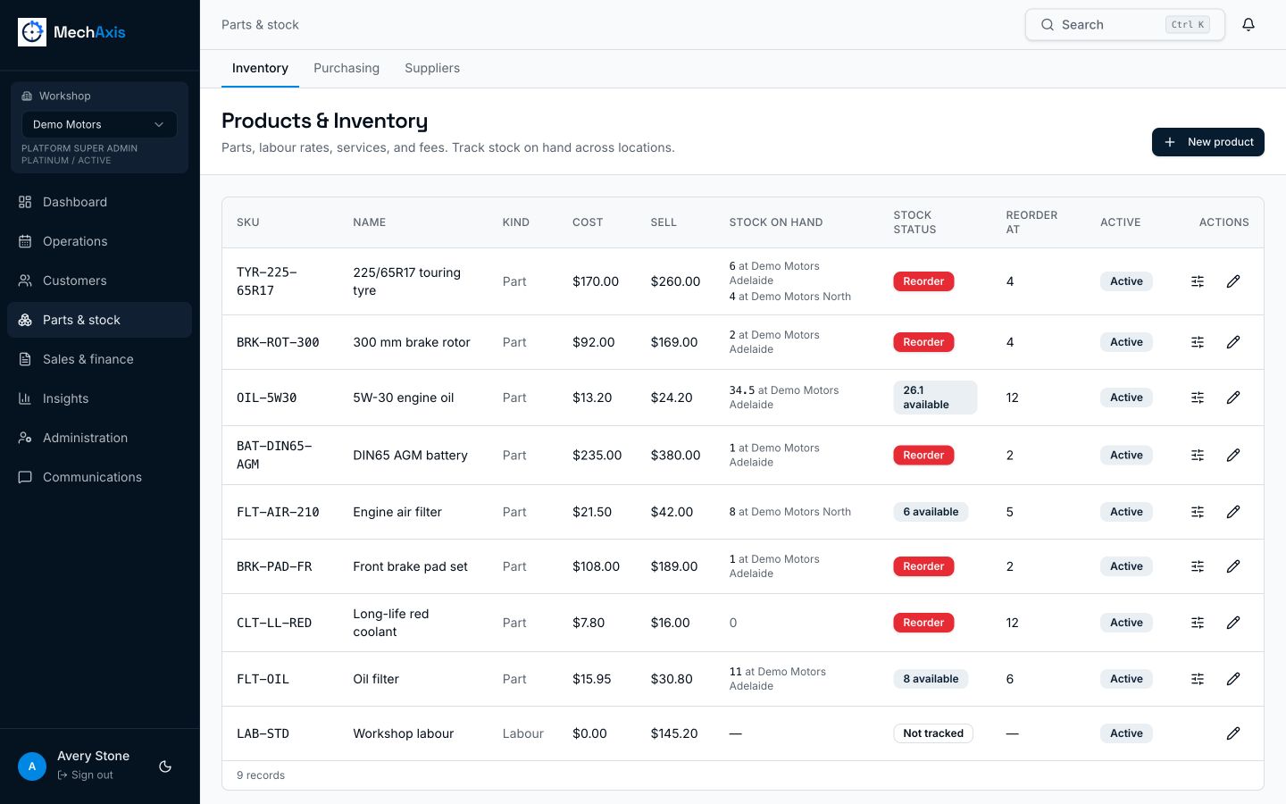 MechAxis parts inventory with multi-location stock, pricing and reorder alerts