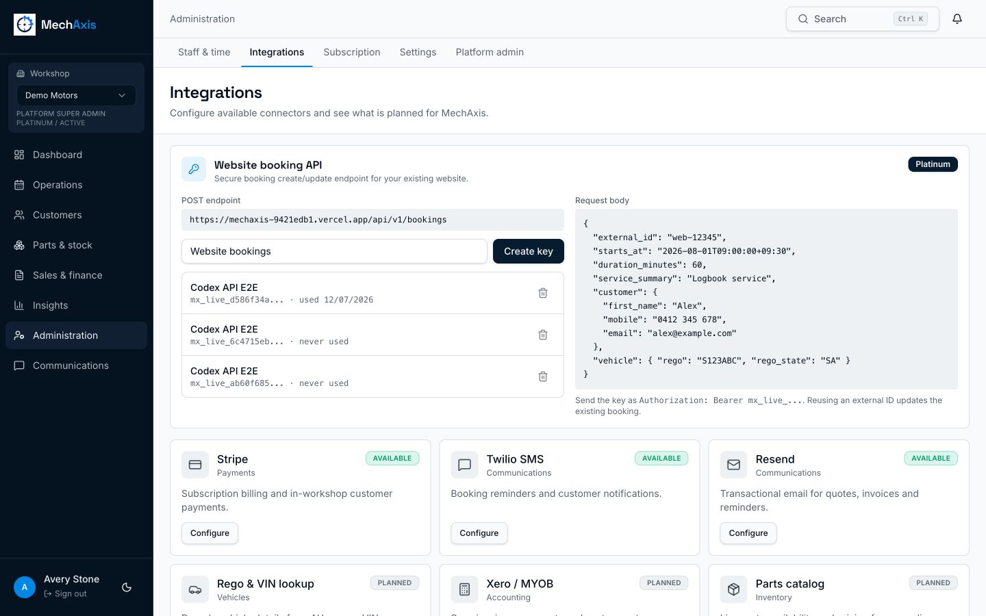 MechAxis website booking API with secure keys, request example and connected services