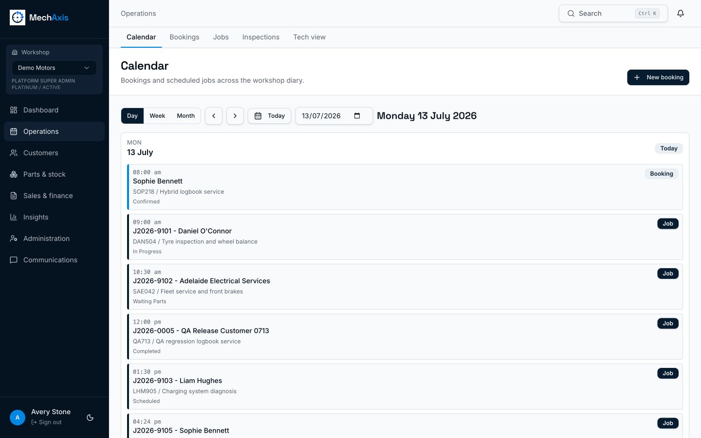 Populated MechAxis workshop calendar showing bookings and live jobs across the day
